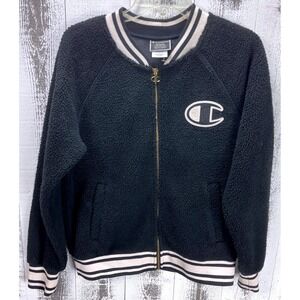 Champion Women's M Black Sherpa Fleece Varsity Jacket Zip Up Logo